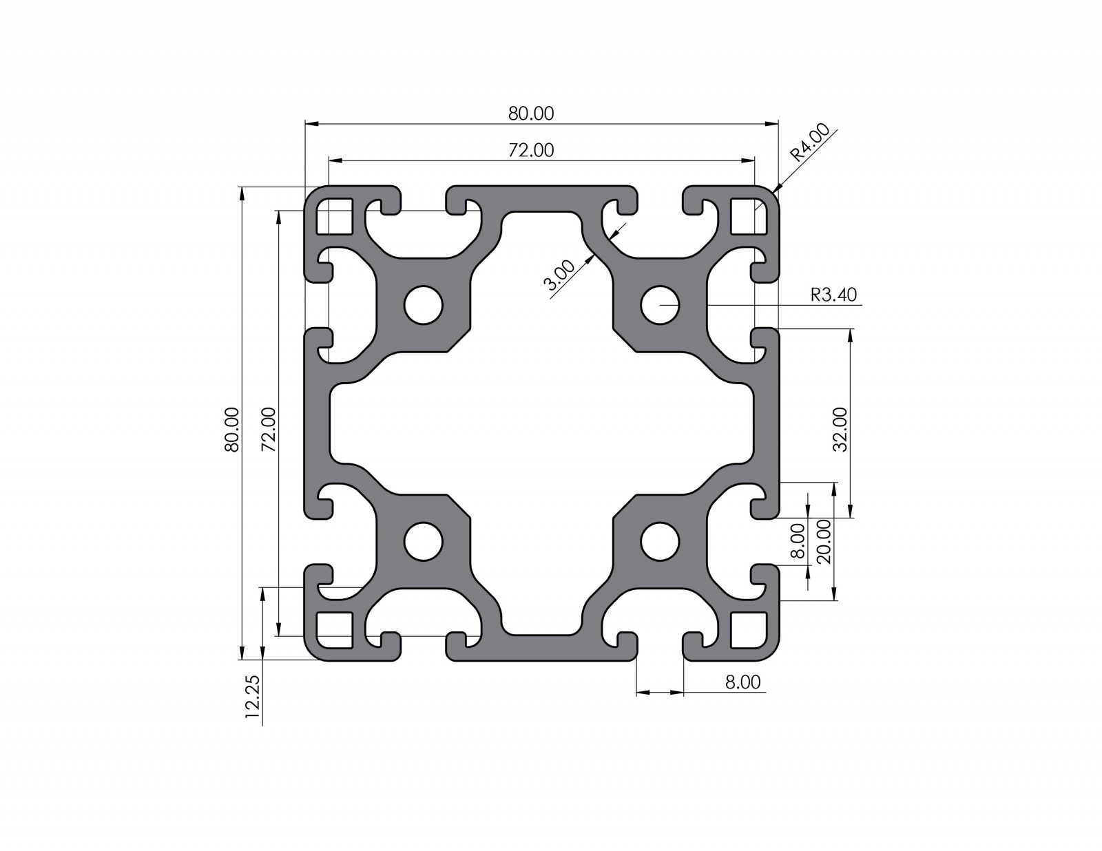 Aluminiumprofil 80x80 leicht Nut 8 I-Typ